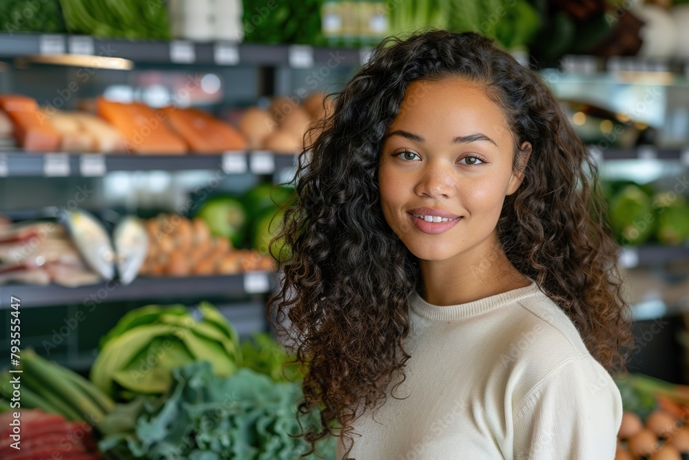 Smiling woman in a grocery store in front of produce. Generated AI. Smiling woman in a grocery store in front of produce. Generated AI.