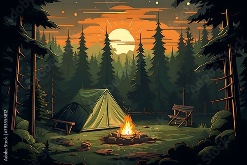 Nighttime camping scene with a tent, campfire, and a full moon illuminating a dense pine forest. Generative AI