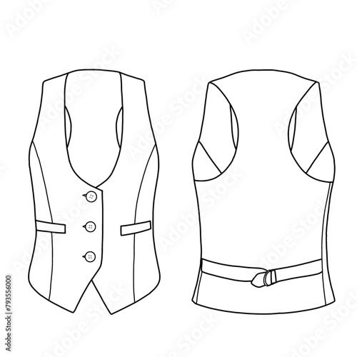 Round neckline waistcoat vest sleeveless jacket with button and double pocket. Vector technical sketch. Mockup template.