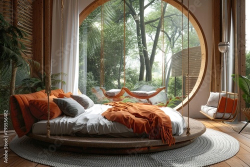 Round bed with swings bright view