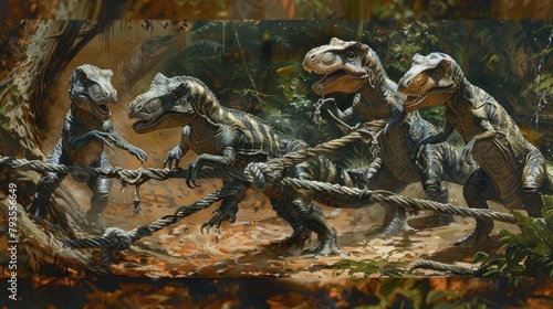 A group of ceratosaurus puppies playing tug-of-war with a vine