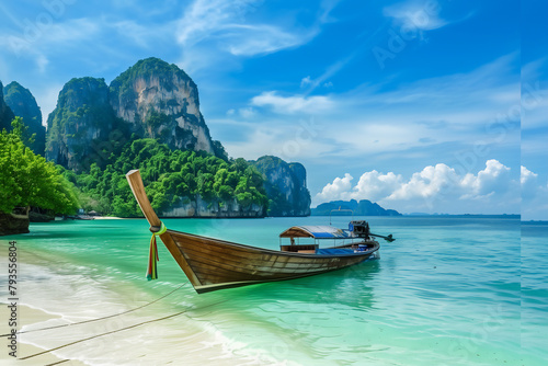 close-up of boat in the sea and rock mountains thailand
