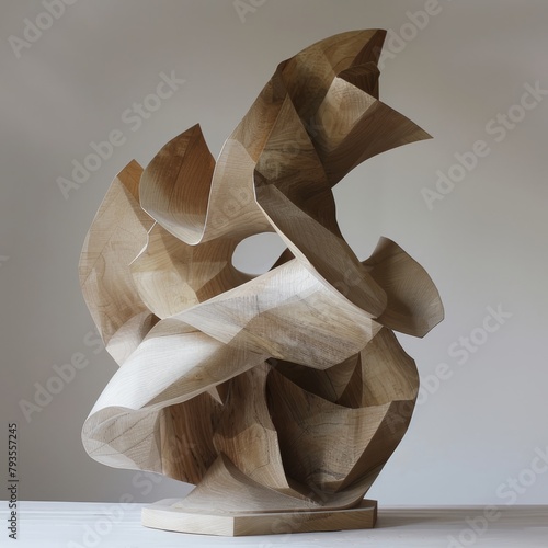 A wooden sculpture of a twisted, twisted shape with a hole in the middle photo