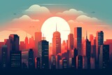 Stylized illustration of a city skyline at sunset with vibrant colors and elongated shadows. Generative AI
