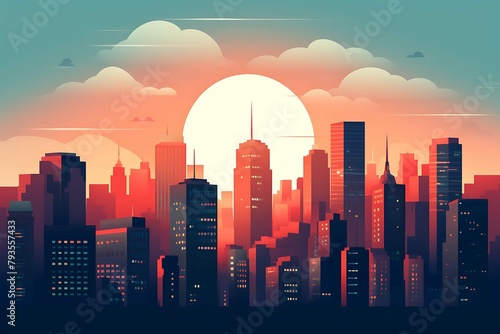 Stylized illustration of a city skyline at sunset with vibrant colors and elongated shadows. Generative AI photo