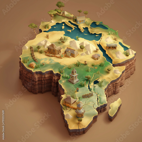 Isometric 3D image of important landmarks of Africa on a brown background. Landscape of the country.