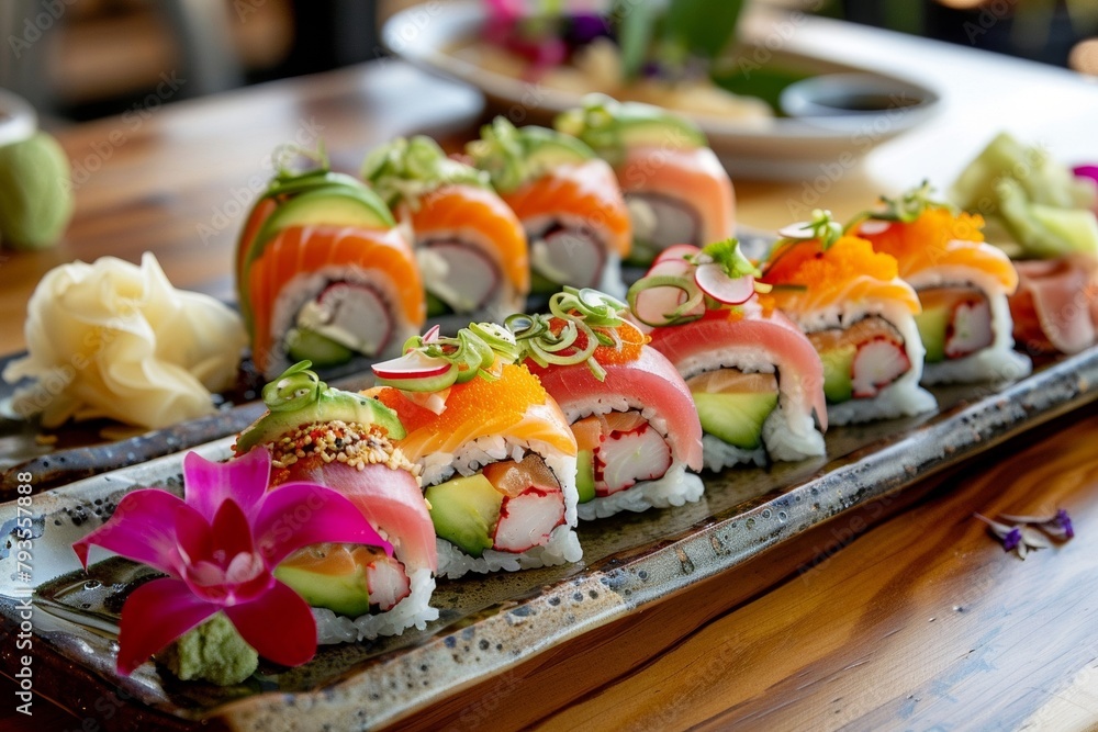 Colorful sushi rolls with fresh fish, avocado and cucumber Colorful sushi rolls with fresh fish, avocado and cucumber