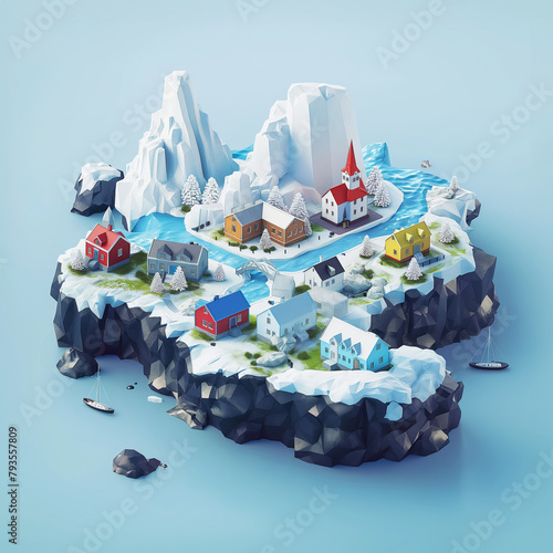 Isometric 3D image of important landmarks of Iceland on a white background. Landscape of the country.