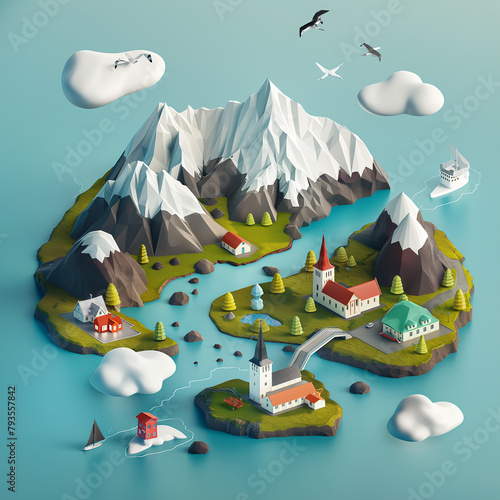 Isometric 3D image of important landmarks of Iceland on a white background. Landscape of the country.