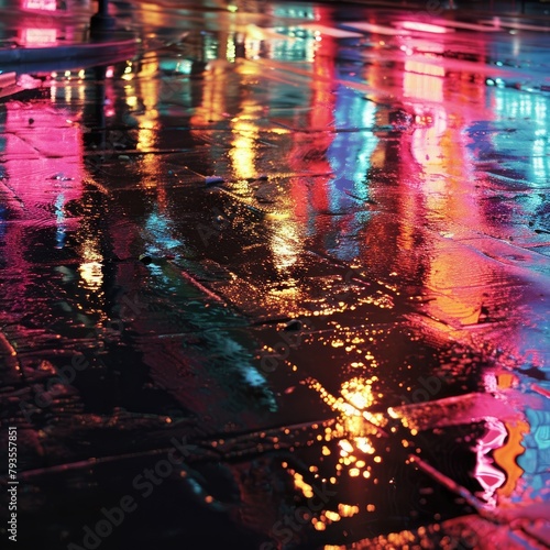 Wet asphalt with reflections of neon city lights