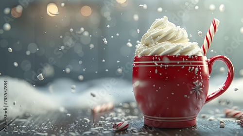 3D hot chocolate mug with whipped cream and a peppermint stick
