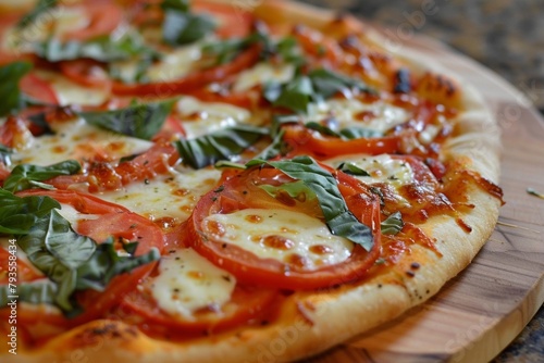 Margherita Pizza with Melted Mozzarella and Fresh Basil and ripe tomatoes