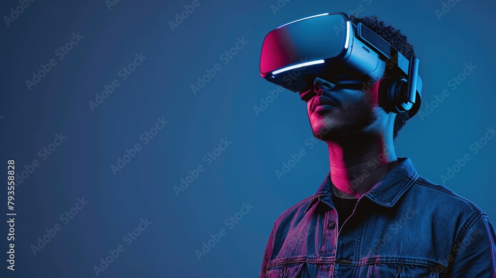 a young black man wearing a Virtual Reality VR digital display, a Portrait of an African guy isolated on a black background wearing a headset virtual reality