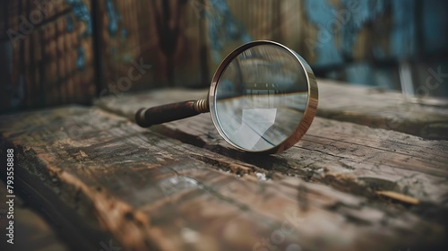 Finding Details: Closeup of Magnifying Glass Enhancing Observation and Scrutiny on Wooden Surface