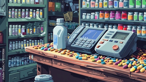 A pharmacy with a computer on a counter