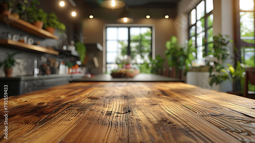 an empty wooden table with a blurred living room bench background.