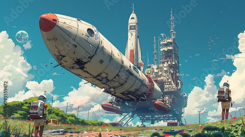 A space shuttle is in the foreground of a painting of a space station photo