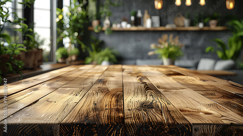 an empty wooden table with a blurred kitchen bench background.