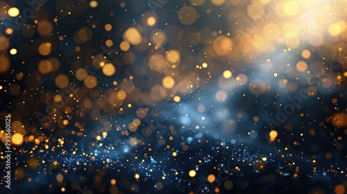 city blurring lights abstract circular bokeh on blue background, golden particles and sprinkles for a holiday celebration like new year. shiny golden lights. wallpaper photo