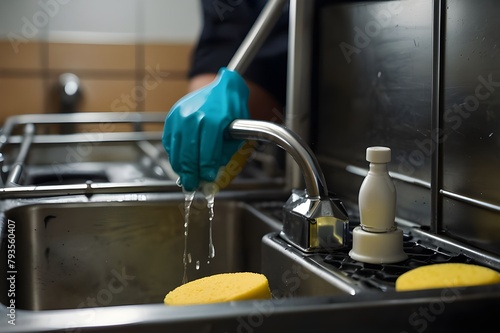 Closeup of dishwasher in uniform washes a pan with foam and a sponge under the tap water in a metal sink in the restaurant’s kitchen