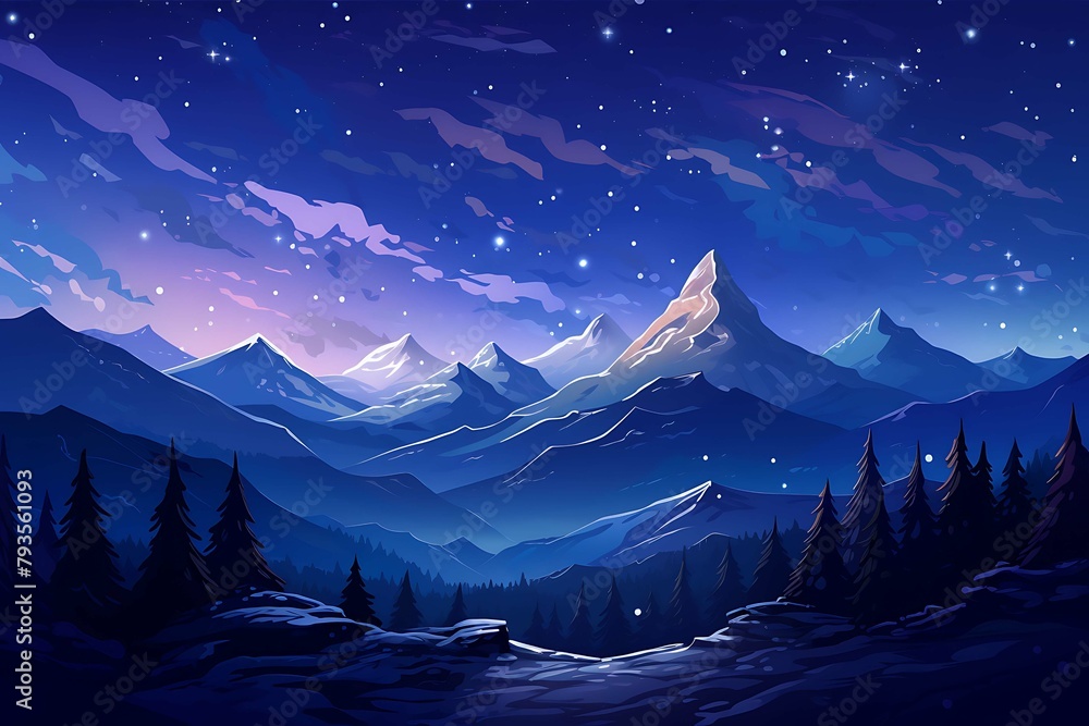 Enchanting night landscape with a full moon casting its glow over snowy mountain peaks and a pine forest. Generative AI - obrazy, fototapety, plakaty 