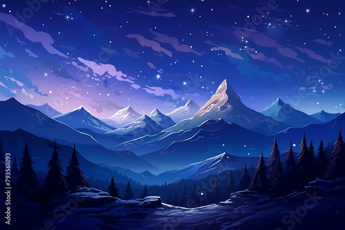 Enchanting night landscape with a full moon casting its glow over snowy mountain peaks and a pine forest. Generative AI photo