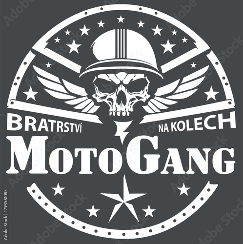 Skull with Helmet as Logo with Slogan - White Textile Print for Bikers as Illustration Isolated on Gray Background, Vector © Roman Dekan