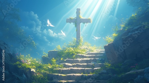 Stairway to heaven, the light part has a cross, radiating light, white doves flying towards the light, spiritual background, sunlight and ancient stone steps in a dark forest. 