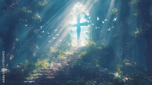 Stairway to heaven, the light part has a cross, radiating light, white doves flying towards the light, spiritual background, sunlight and ancient stone steps in a dark forest.  © Da