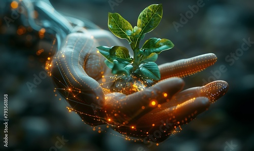 Capture a photo of a digital human hand cradling a plant in its palm. Emphasize connection, nurture, and technology blending with nature #793561858