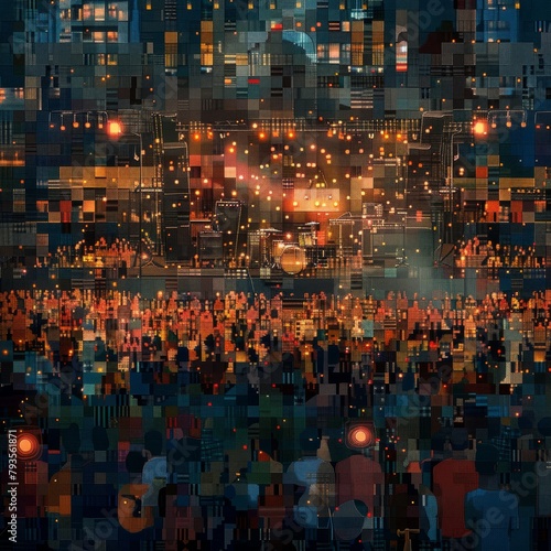 A crowd of people are gathered in a city at night