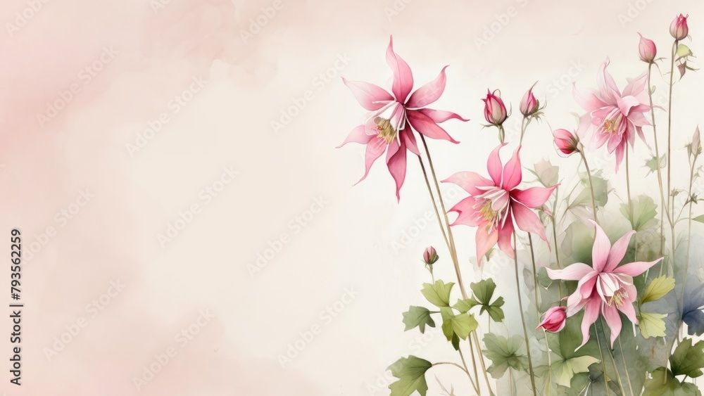 Watercolor clip art of Aquilegia, Columbine flowers, pink color, artistic floral composition on watercolor wash background. Lots of copy space