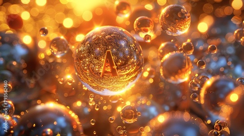 Vitamin A symbol within a golden oil capsule, surrounded by light. Generated AI photo