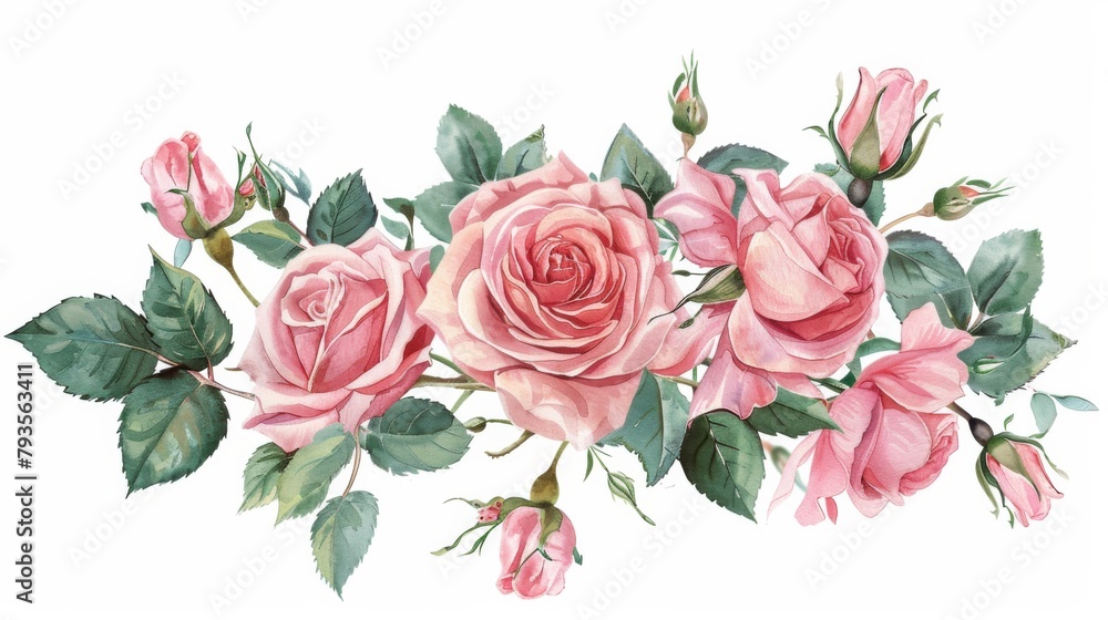 Watercolor rose floral border frame illustration on a white background