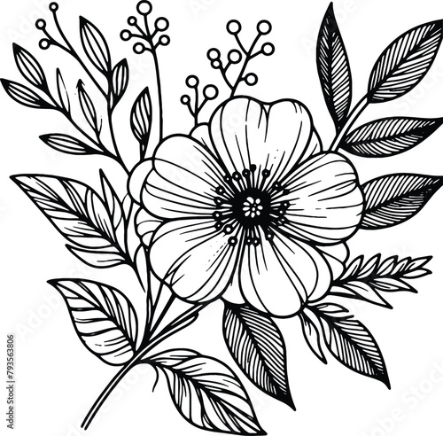 Simple flower coloring page line art black and white Flower logo design