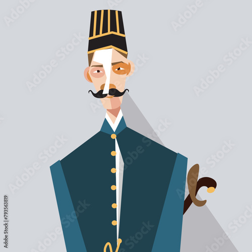 illustration vector graphic of a man cartoon character wearing traditional Javanese traditional clothes, manly, still cute. Good for character and sign icons.
