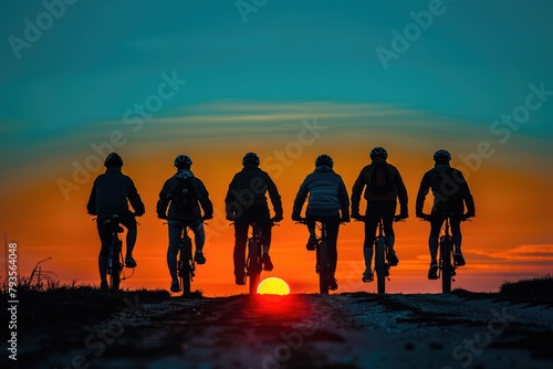 Silhouette group friend and bike on blurry sunset background.