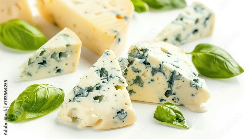 Isolated white background with blue cheese and basil leaves