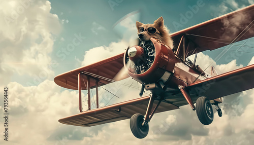 A dog is flying a red airplane with a propeller by AI generated image photo