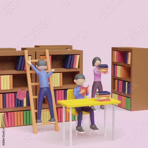 Library concept. Realistic 3d object cartoon style