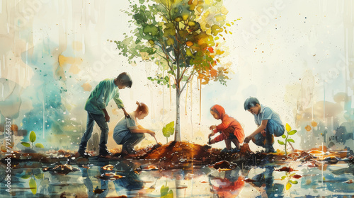 Children planting trees to enhance nature in an artistic, colorful illustration.
