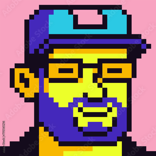 Avatar pixel bearded male character, cartoon icon, game user or web profile person, people, 8-bit guy, social net portrait, man face with beard, minimalistic fashion vector illustration.