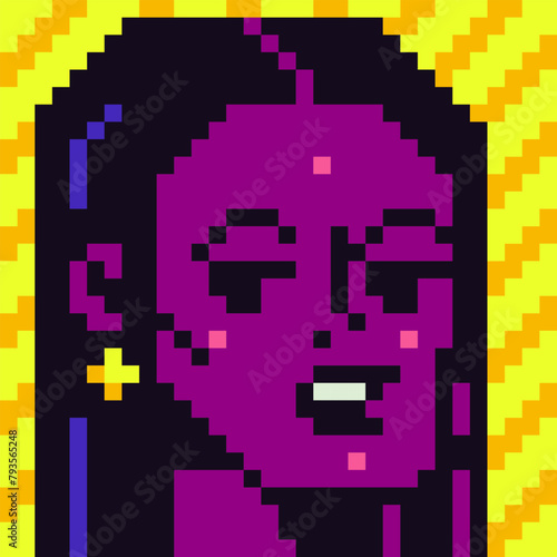 Avatar pixel woman face, female fashion character, cartoon vector icon, game user or web profile persons and people, 8-bit girl, social net portrait, minimalistic vector background.