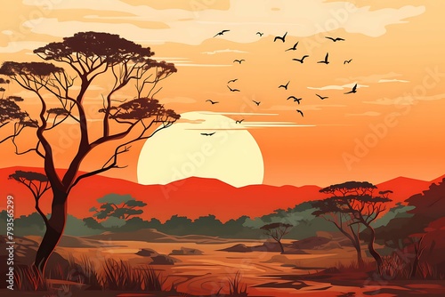 Stylized African savanna landscape at sunset with acacia trees silhouetted against a warm sky. Generative AI