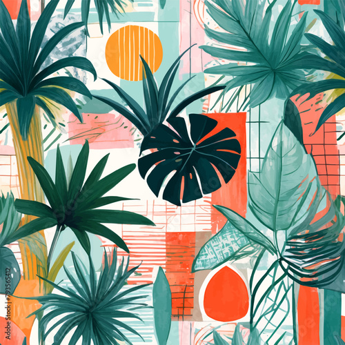 Beach cheerful seamless pattern wallpaper of tropical dark green leaves of palm trees and flowers bird of paradise (strelitzia) plumeria on a watercolor background