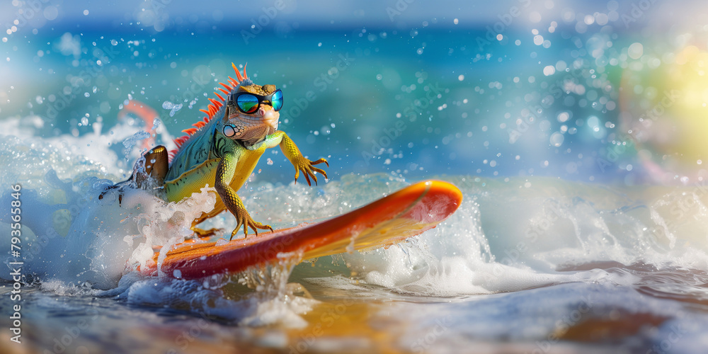 Surfer lizard on the wave: extreme animal sports adventures with elements of style and humor, demonstrations of adrenaline-pumping entertainment. Copy space. Surfer lizard on the wave: extreme animal sports adventures with elements of style and humor, demonstrations of adrenaline-pumping entertainment. Copy space.