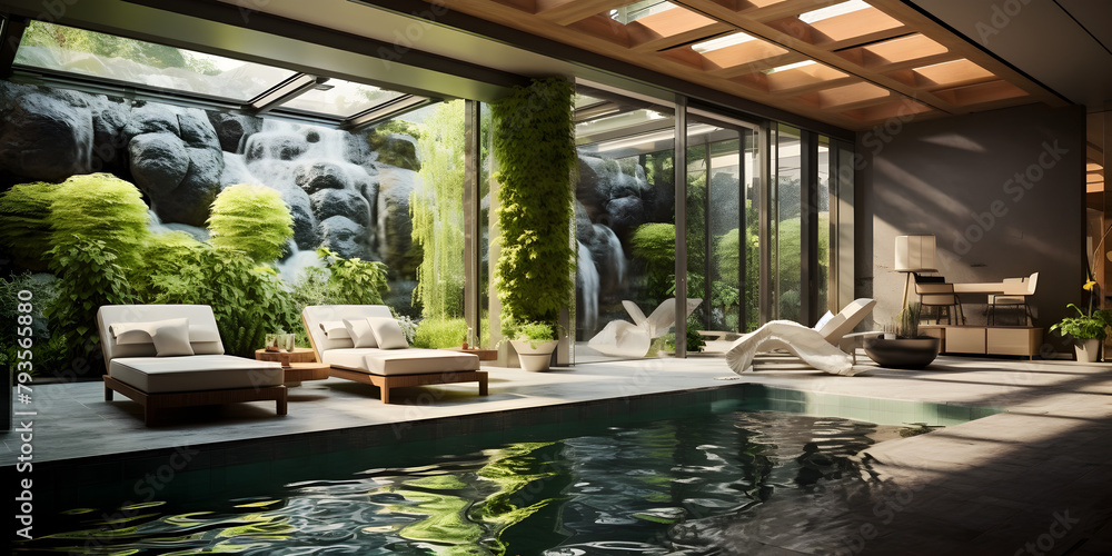 interior view of modern swimming pool with wooden house, Exterior design of pool villa, house and home feature infinity swimming pool and garden


