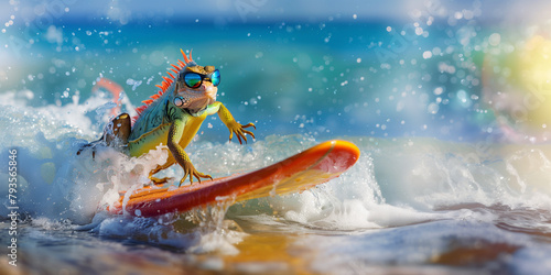 Surfer lizard on the wave: extreme animal sports adventures with elements of style and humor, demonstrations of adrenaline-pumping entertainment. Copy space.