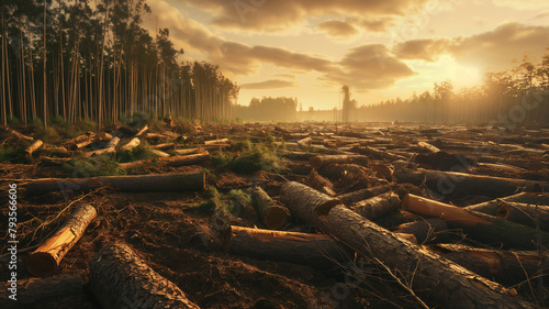 A forest with a lot of trees and Deforestation on the ground  © somchaip