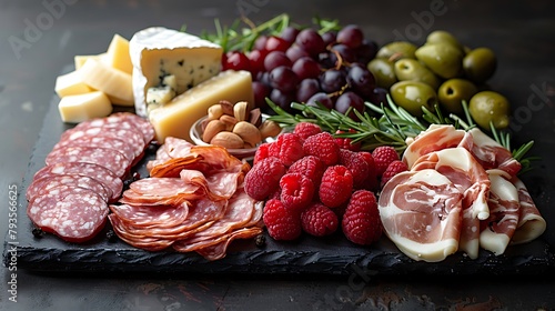 Dive into the rich textures of a charcuterie board, where cured meats and artisanal cheeses mingle with fresh fruits and nuts in a tantalizing display of flavor and color.